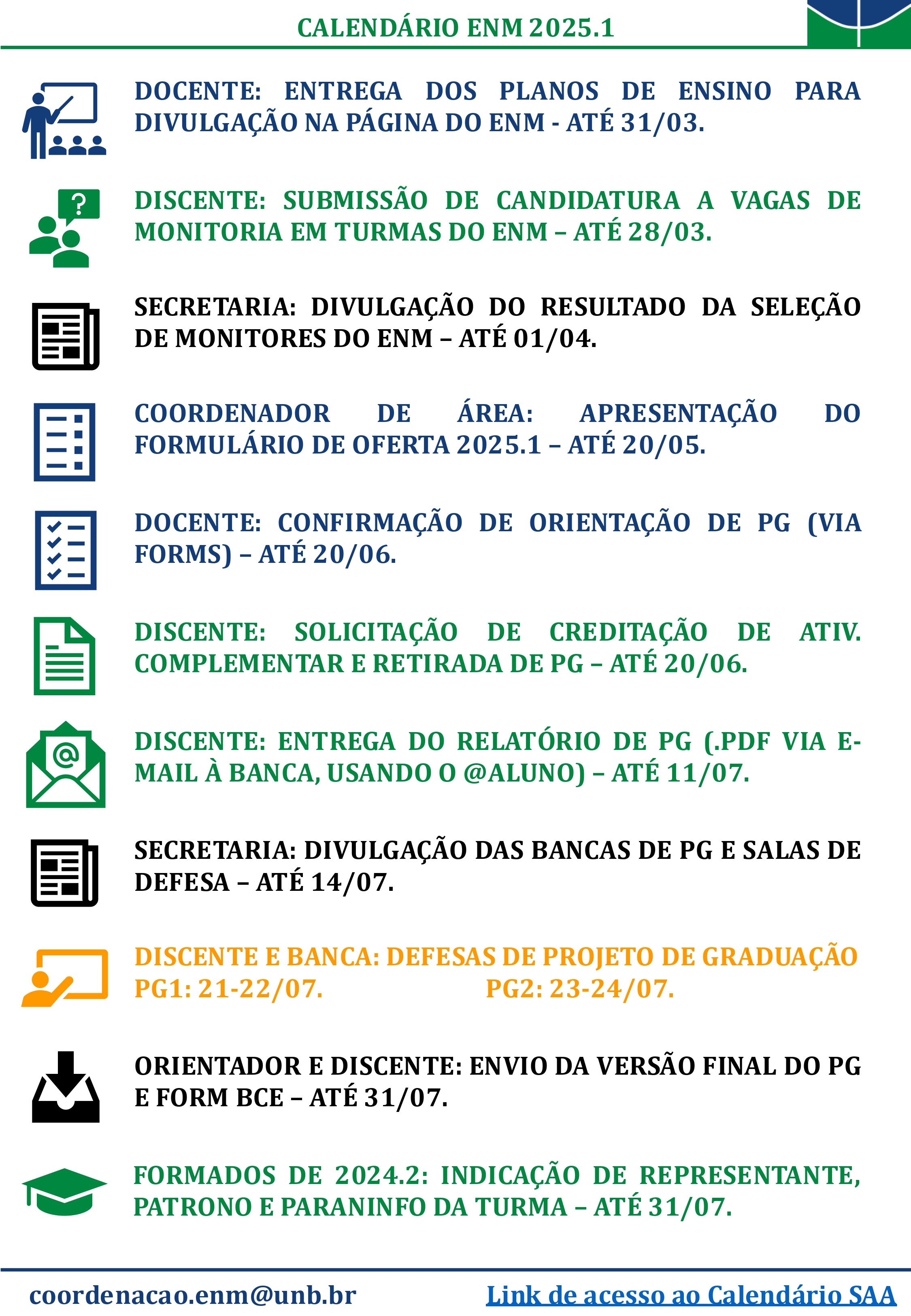 Datas importantes para o semestre 2025/1